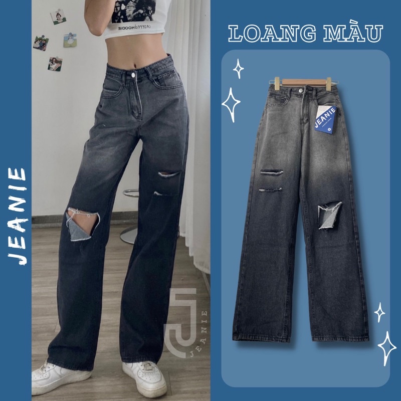 Quần jeans nữ ống suông dài JEANIE 328 quần jean rách gối, quần jean loang màu cá tính