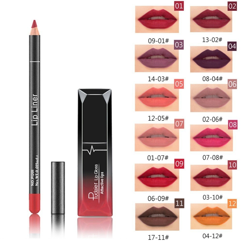 [Hàng mới về] Set son môi dạng kem lên màu đẹp kèm chì kẻ viền môi lâu trôi chống thấm PUDAIER