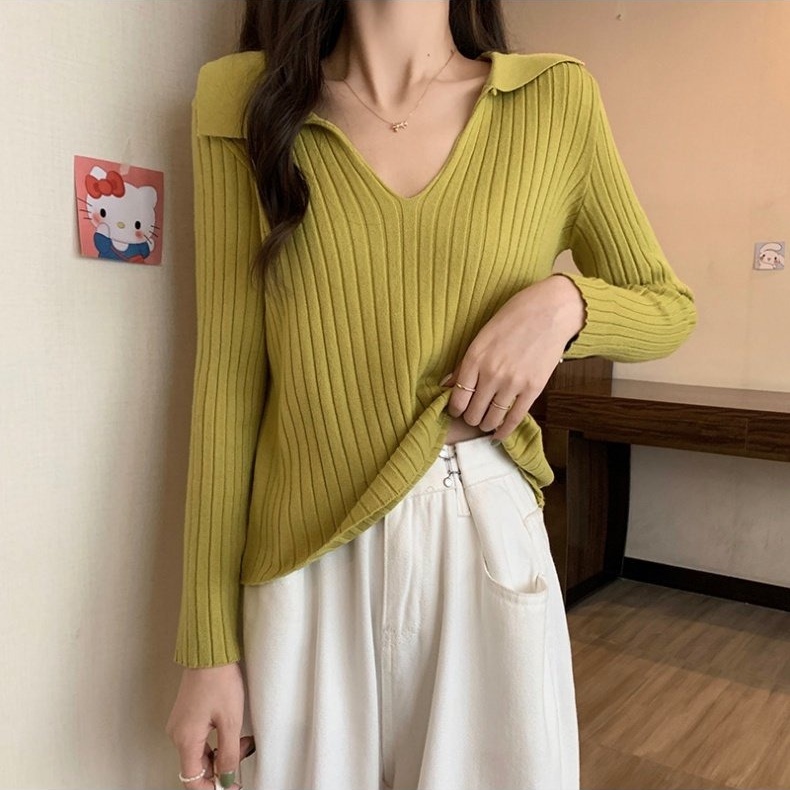Áo Dệt Kim Nữ Dài Tay Cổ Chữ v Sọc Ngang Thời Trang