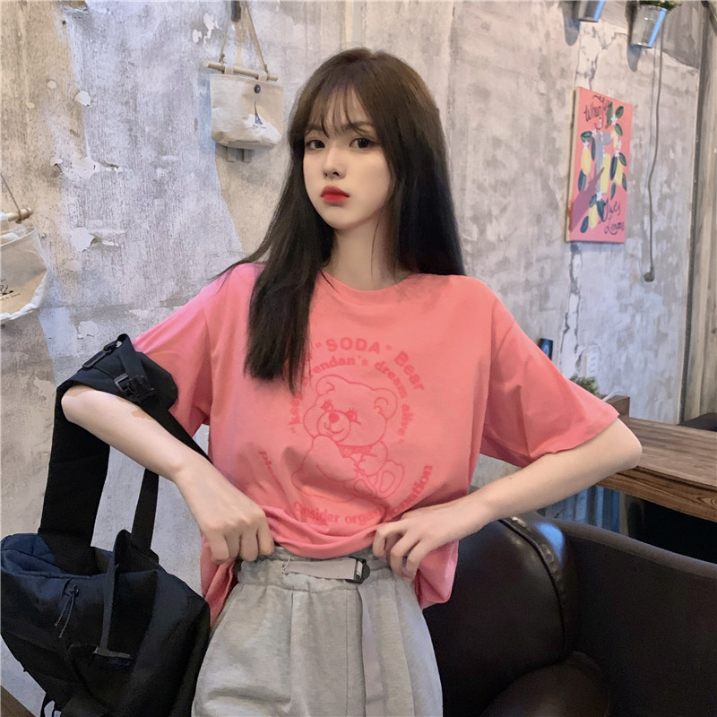 Áo thun ngắn tay dáng rộng in hình gấu thiết kế thời trang cá tính cho nữ