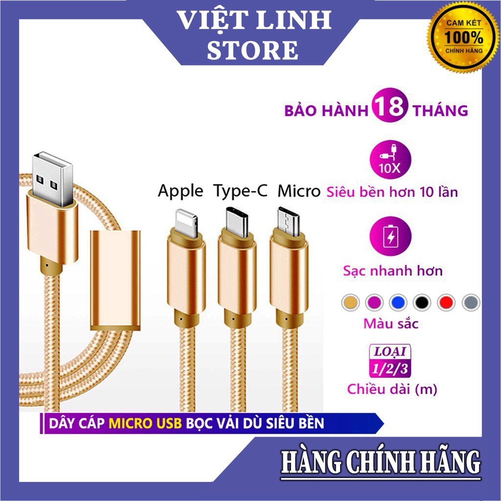 Cáp sạc 3 chân dây dù chính hãng IPHONE, SAMSUNG, OPPO , Sạc 3 điện thoại 1 lúc 3in1 sạc nhanh, bảo h