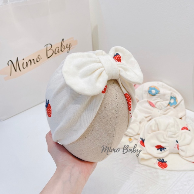 Mũ nón turban màu trắng kem họa tiết quả dâu xinh xắn cho bé MTB88 Mimo Baby