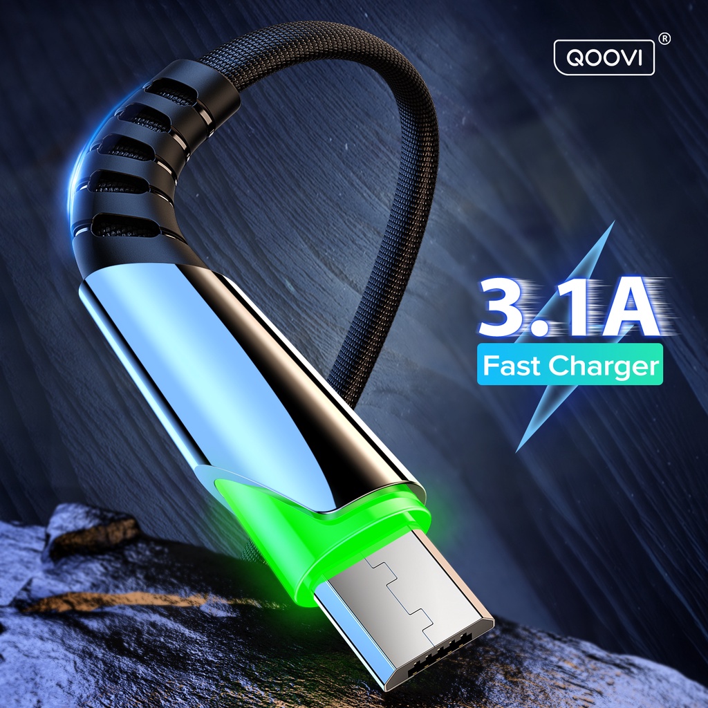 Cáp sạc nhanh QOOVI 3.1A Micro USB 3.0 thiết kế dây bện nylon có đèn LED cho OPPO VIVO
