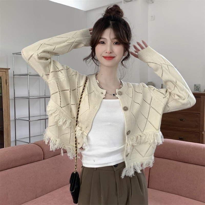 Áo Khoác Cardigan Dệt Kim Mỏng Phối Tua Rua Giả Nhiều Lớp Thời Trang Mùa Thu Cho Nữ