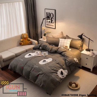 set MẶT GẤU NÂU ĂN CÁ bộ Chăn Ga Gối 4 món Poly cotton HÀN QUỐC 100%