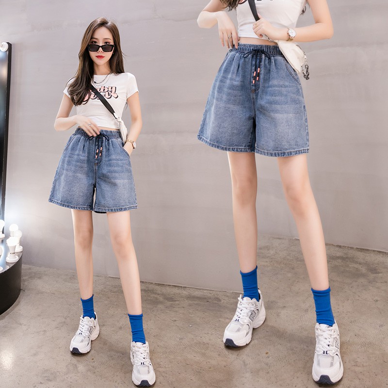 Quần Short Jean Lưng Cao Co Giãn Màu Xanh Dương Có Size Lớn S-5Xl Dành Cho Nữ