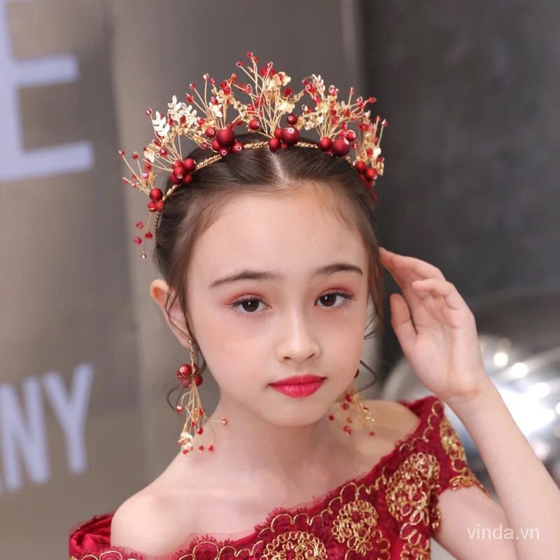 Kết Hôn2019Vương Miện Cổ Tích Trung Quốc Phụ Kiện Tóc Cô Dâu Mới Đầm Sen Phù Hợp Với Tóc Mũ Màu Đỏ