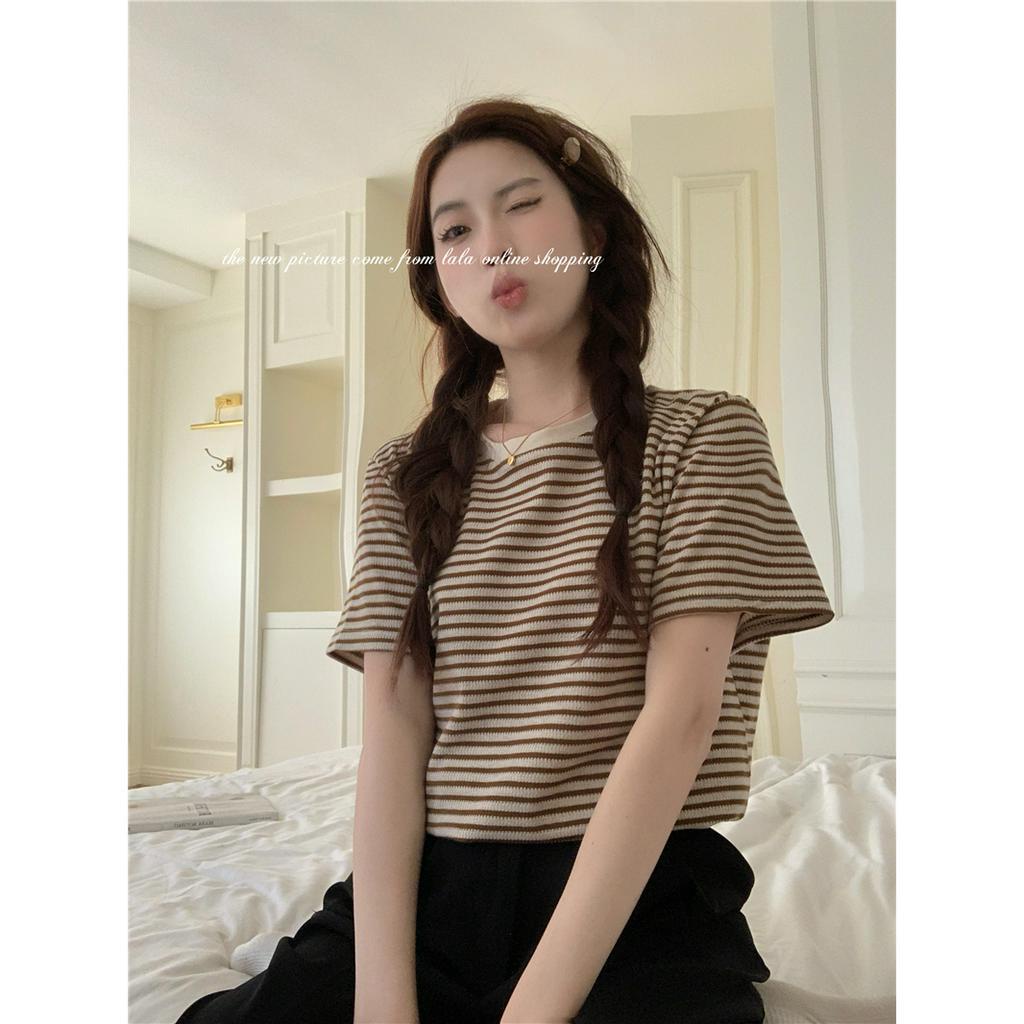 Xiaozhainv Áo Thun Ngắn Tay Form Rộng Họa Tiết Kẻ Sọc Phong Cách Hàn Quốc Dành Cho Nữ