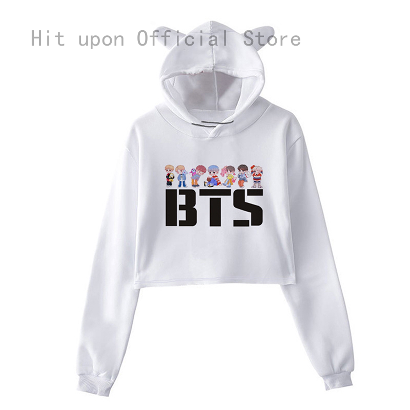 BTS Album Love Yourself Tear Fake Love Kpop Long Sleeve Cropped Hoodies Sweater Women Cat Hit Upon