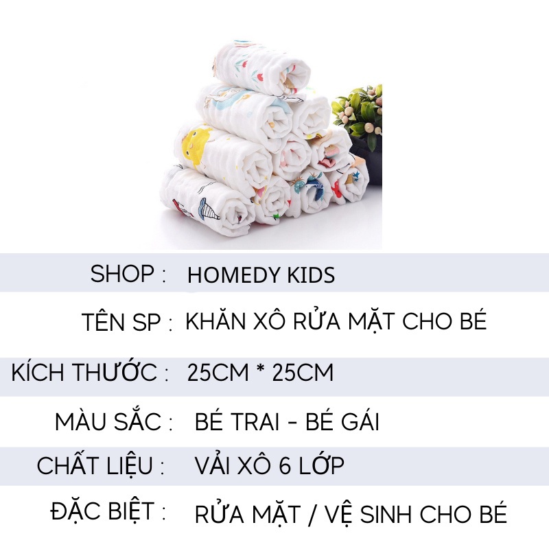 Khăn xô sữa cho bé 6 lớp cao cấp mềm mại thấm sữa rửa mặt lau mũi Homedy Kids