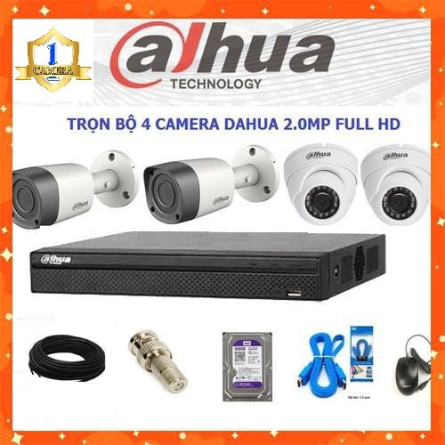 Trọn bộ 4 camera DAHUA chính hãng Full HD 1080p + ổ cứng HDD 500G đi kèm dây tùy chọn