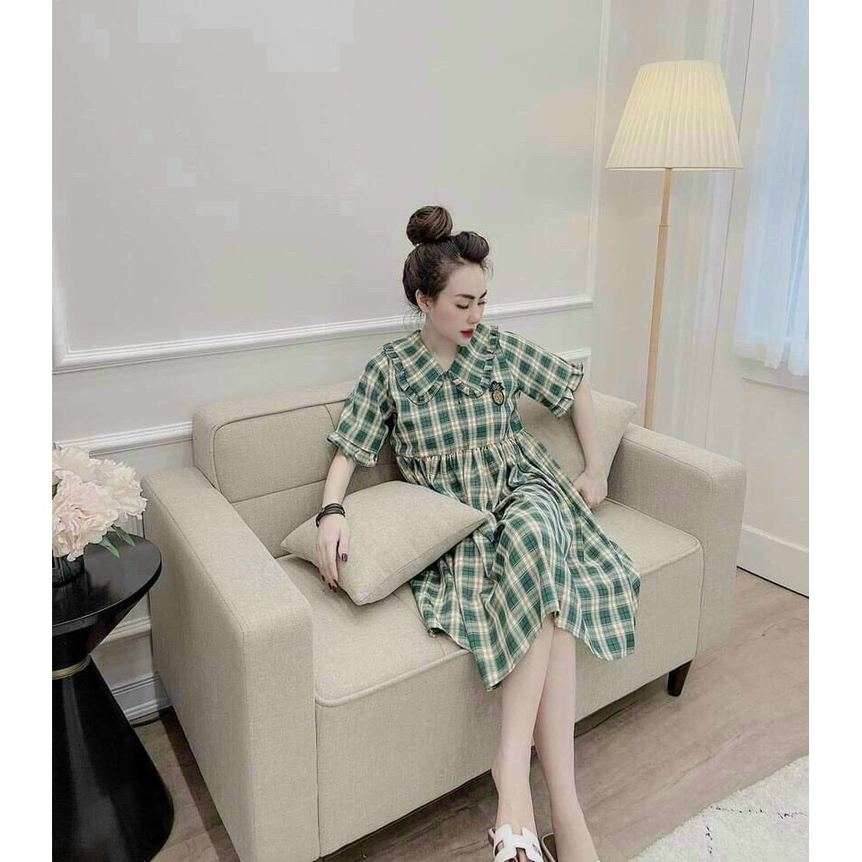 Đầm kate sọc caro baby cổ bẻ ngắn tay