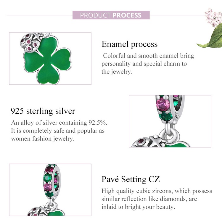 Hạt xỏ lỗ BAMOER SCC2187 bạc 925 hình cỏ bốn lá và bọ cánh cứng làm vòng tay DIY