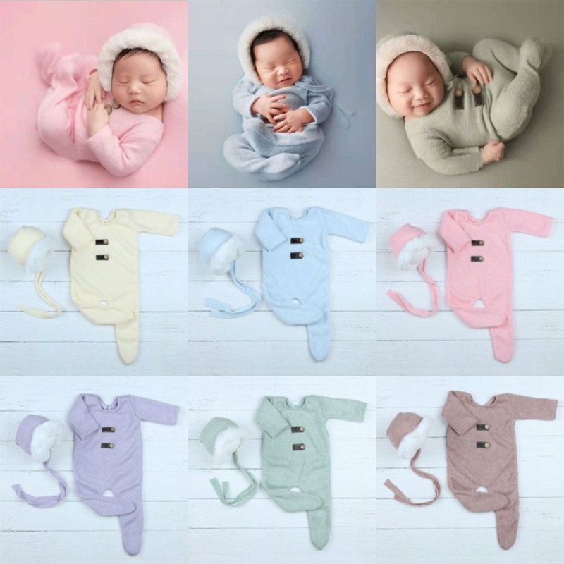 Bộ 2 Món Áo Liền Quần Dệt Kim + Mũ Beanie Dễ Thương Làm Phụ Kiện Chụp Ảnh Cho Bé Sơ Sinh