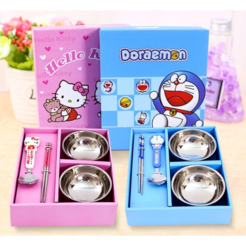 Bộ bát ăn dặm inox chống nóng, cách điện Kitty, Doraemon, Pooh kèm đũa thìa cực dễ thương cho bé