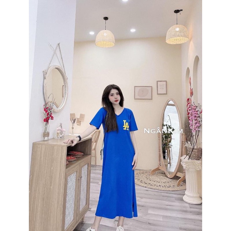 Váy ngủ nữ, đầm ngủ dáng suông chất thun chữ LA cổ tròn đan dây dài 100cm 3 màu