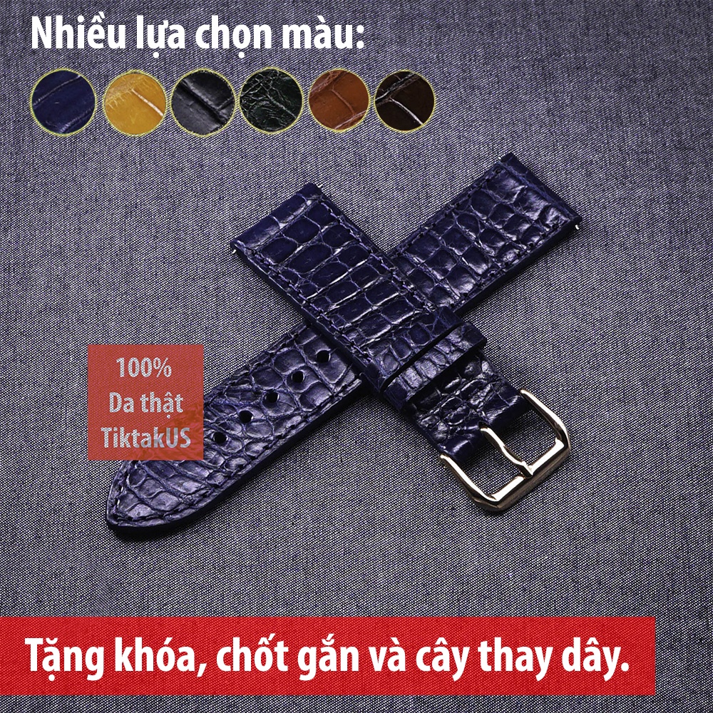 Dây đồng hồ da cá sấu thật vân bụng cao cấp khóa mạ vàng Gold Tiktakus - Nhiều màu, đủ Size 18-19-20-21-22mm