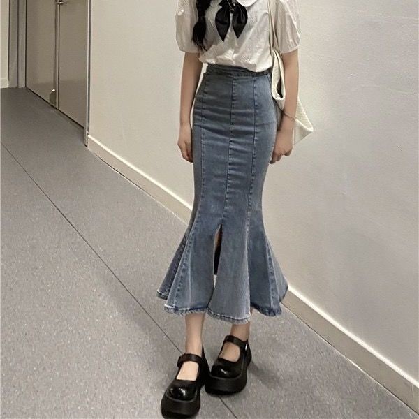 Jiashucheng Chân Váy Denim Đuôi Cá Lưng Cao Co Giãn Xẻ Tà Phong Cách Mới