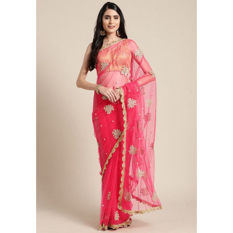 Saree Ấn Độ ren thêu hoa màu hồng