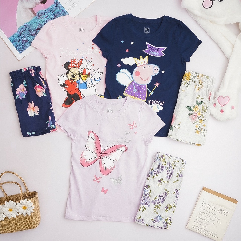 Set đồ bộ ngắn tay thun cotton bé gái GAP bướm heo peppa chuột mickey bé  16 đến 40 ký