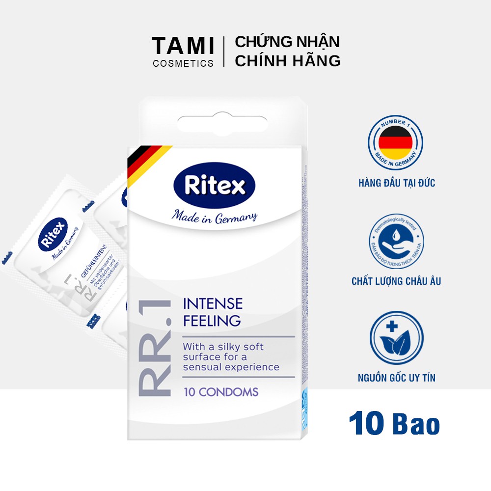 Bao cao su RITEX RR.1 Cảm xúc mãnh liệt Trong suốt Siêu bền Hàng đầu tại Đức [Hộp 10 chiếc] Có che tên RI-RR.110