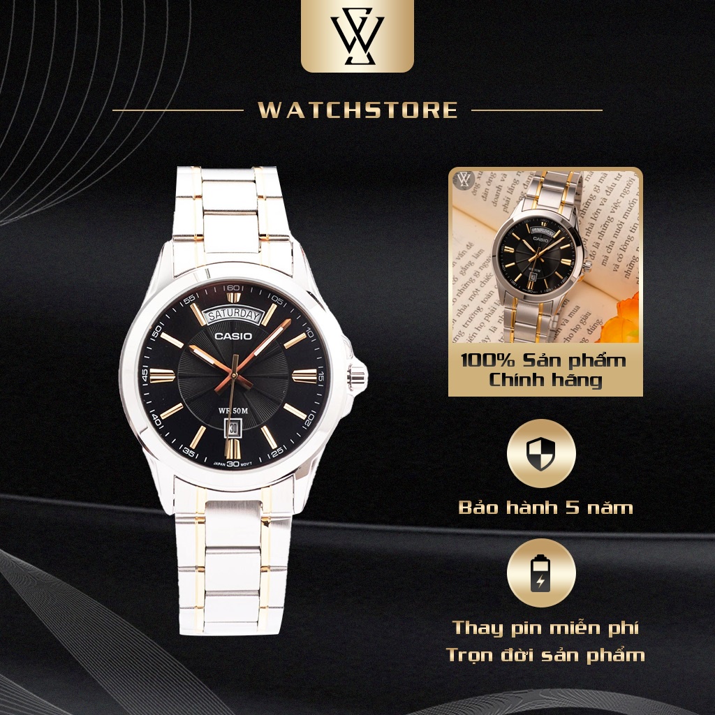 Đồng Hồ Quartz Nam Casio WATCHSTORE MTP-1381G-1AVDF Kính Khoáng 40mm, Độ Chống Nước 5ATM Dây Kim Loại, Vỏ Thép Không Gỉ