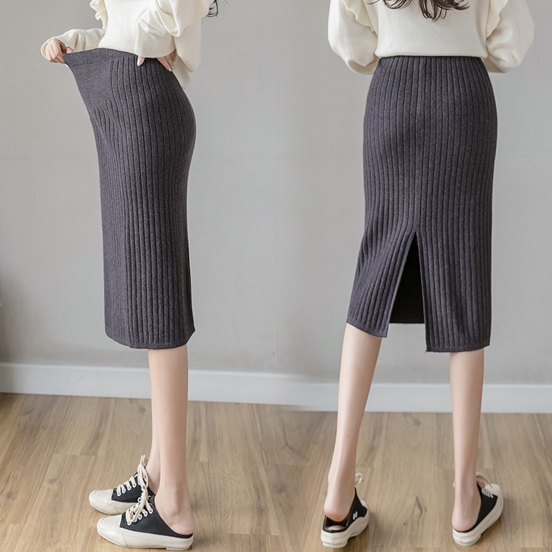 Chân Váy Len Lưng Cao Xẻ Tà Thời Trang Cho Mẹ Bầu