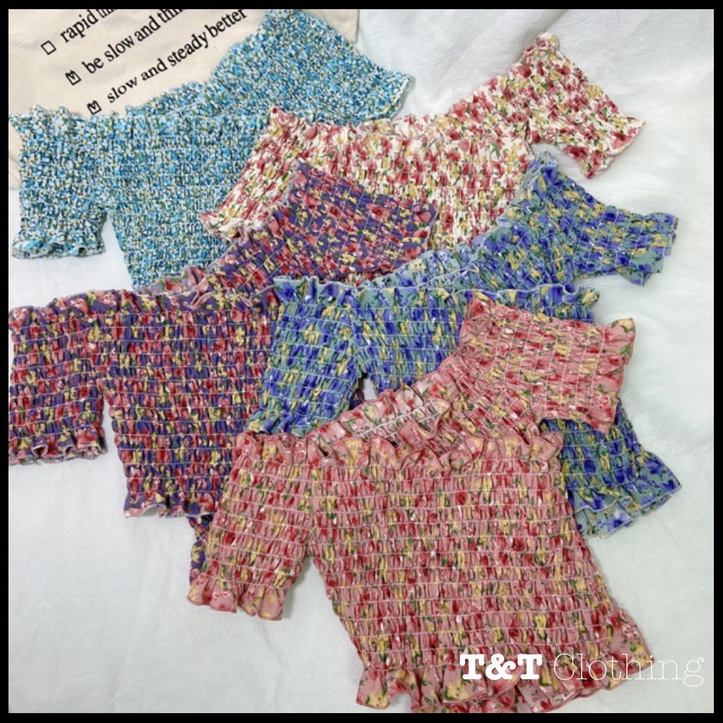 Áo croptop hoa nhún tay ngắn đắp chéo | Áo kiểu nữ Châu Âu 💃By 23t.shop | BigBuy360 - bigbuy360.vn