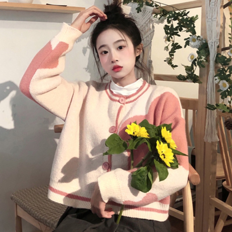 Áo Khoác Dệt Kim Tay Dài Màu Sắc Tương Phản Phong Cách Hàn Quốc