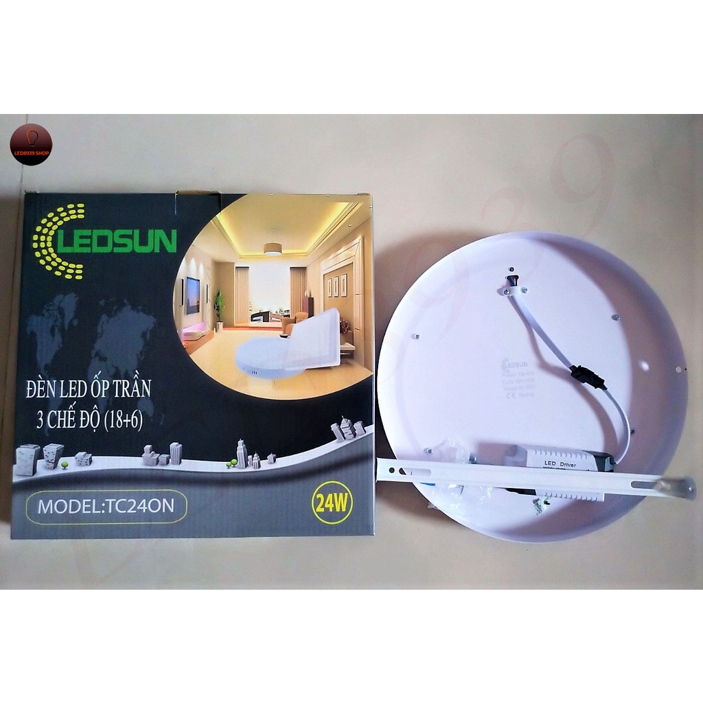 Đèn ỐP TRẦN 24W (18+6) tròn 2 màu 3 chế độ LEDSUN ánh sáng trắng vàng