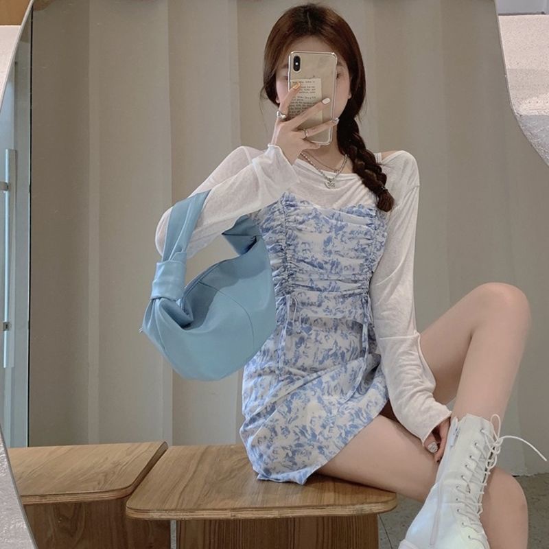 Set đầm hoa hai dây + áo thun tay dài thời trang cho nữ