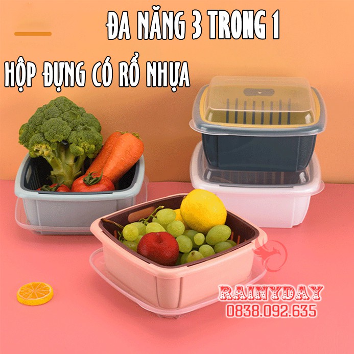 Hộp đựng thực phẩm có rổ nhựa và nắp đậy đa năng khay chậu vuông 2 lớp 3 trong 1 để đồ rau củ trái cây