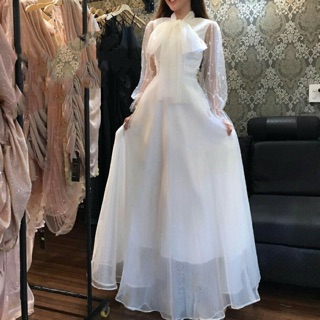 Đầm maxi hội cột nơ tay dài đính cườm
