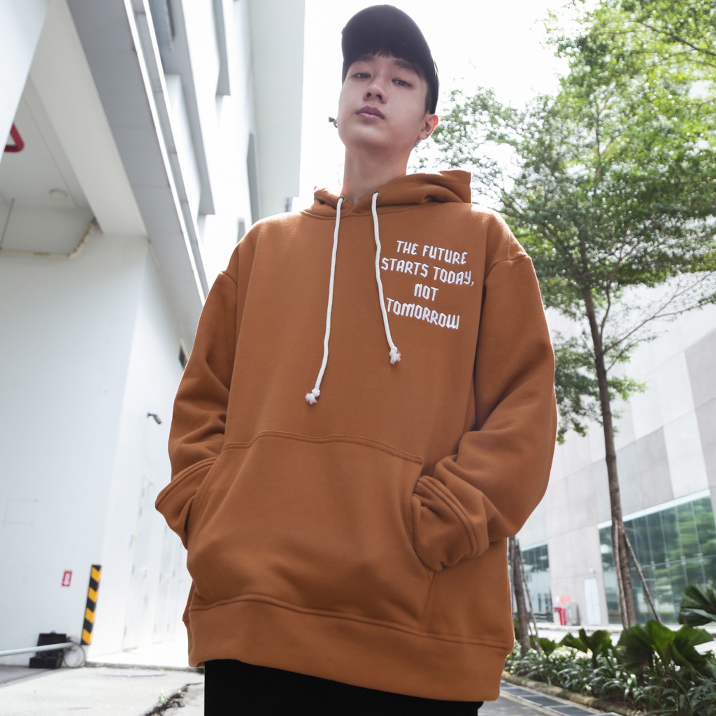 Áo Hoodie Unisex Thêu Trái Đất-Phía Trước Thêu Chữ-Đường Thêu Tỉ Mỉ-Vải Nỉ Bông Dày Dặn-Form Rộng-Màu Cam Gạch