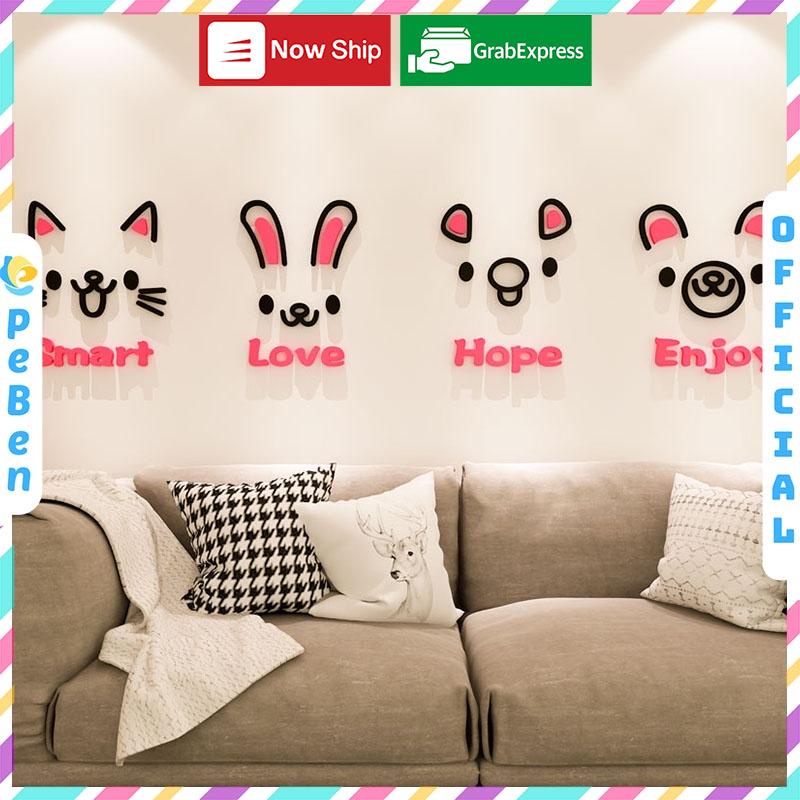 Tranh dán tường mica 3d decor khổ lớn những khuôn mặt em thú dễ thương Nhiều Size - EPeBen