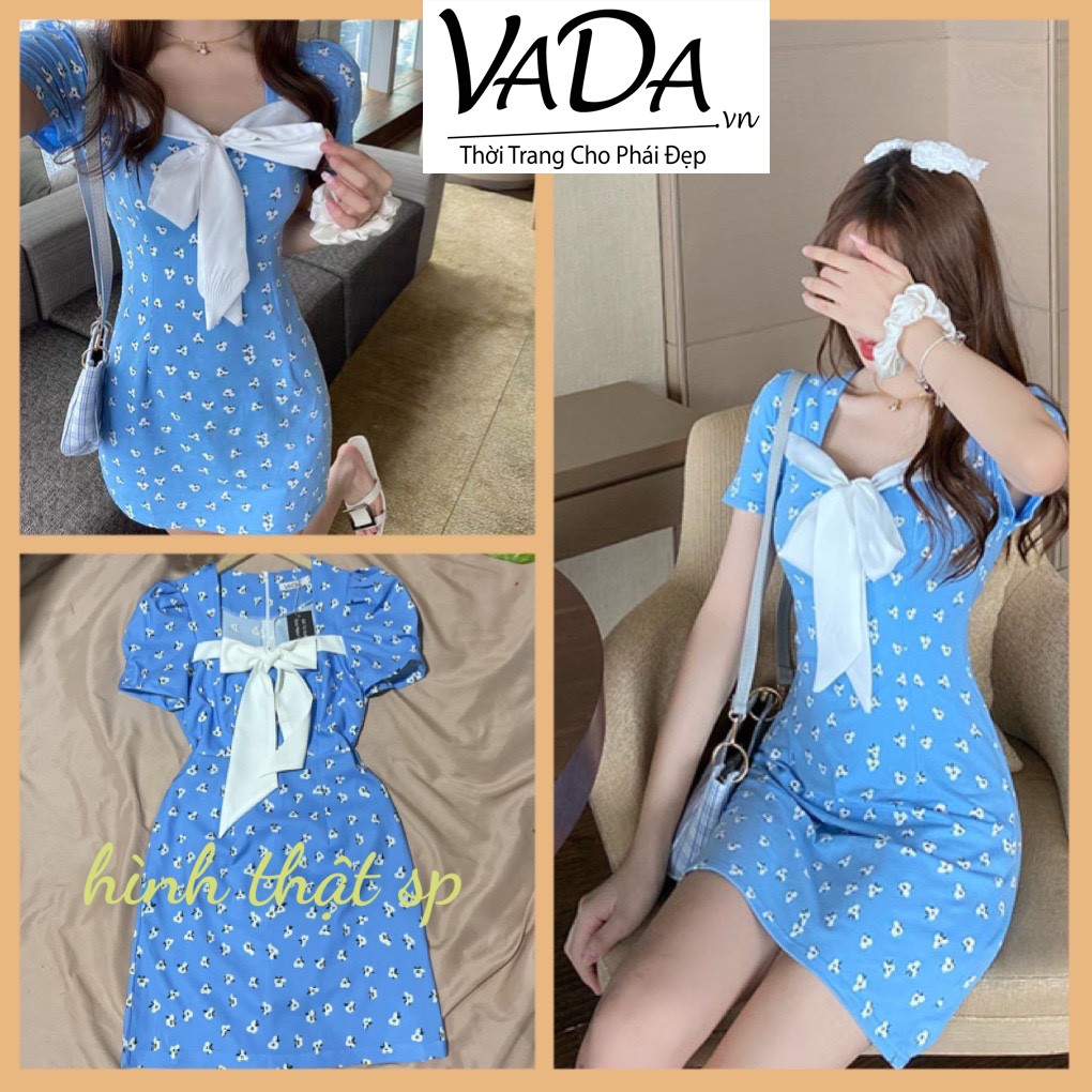 Đầm cổ vuông cách điệu phối nơ siêu iu tay phồng in hoa 3D - Thời trang VADA - Đ38 | BigBuy360 - bigbuy360.vn