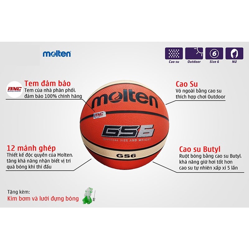 Quả bóng rổ Cao Su Molten GS Size số 6 chính hãng, dành cho thi đấu tập luyện