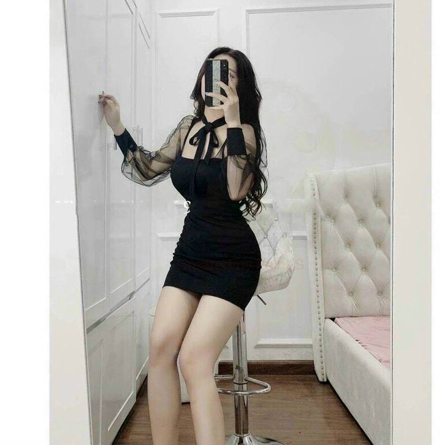 Đầm body tay dài phối lưới sang trọng dự tiệc chất vải dày mịn