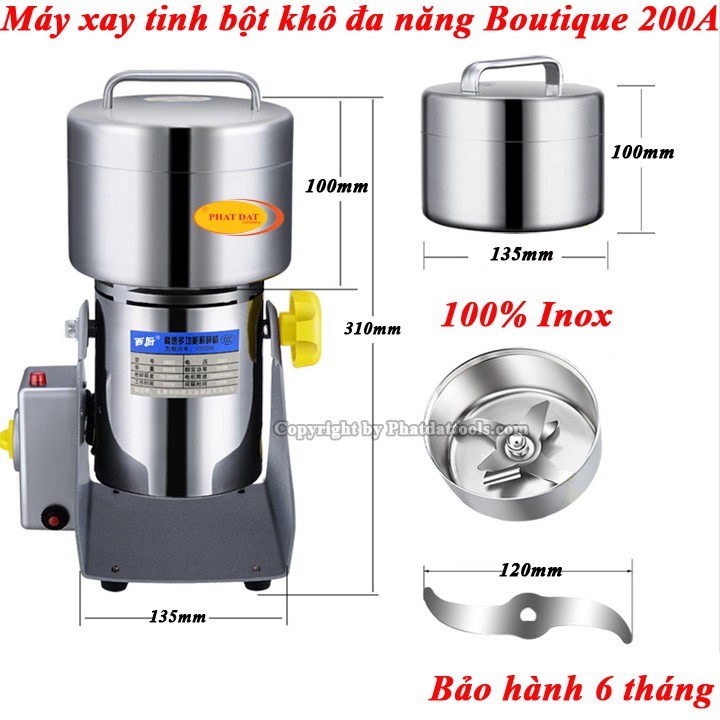 Máy xay hạt củ quả khô thành tinh bột siêu mịn BOUTIQUE 200A-Vỏ inox-Bảo hành 6 tháng