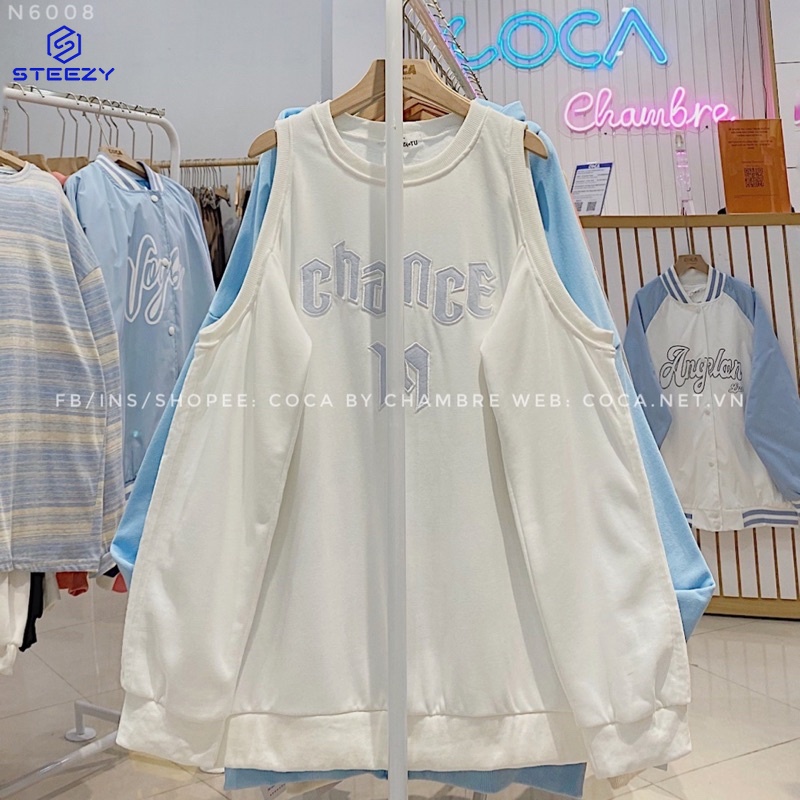[N6008] Áo SWEATER nỉ da cá khoét vai thêu chữ CHANCE form vừa phong cách BABY (Có sẵn/ảnh thật)