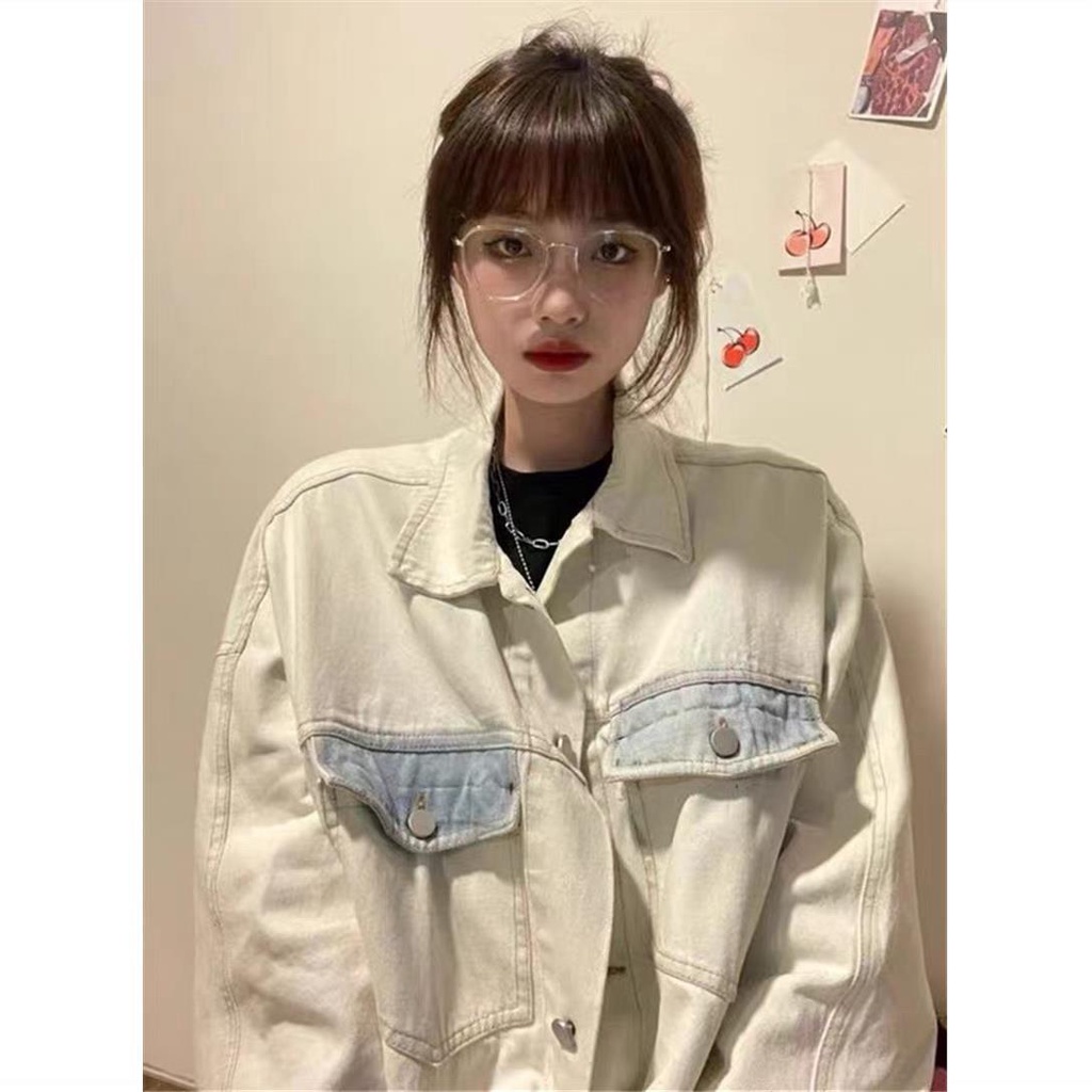 Jiashucheng Áo Khoác Denim Phối Túi Dáng Ôm Phong Cách Hàn Quốc Mùa Thu Cho Nữ