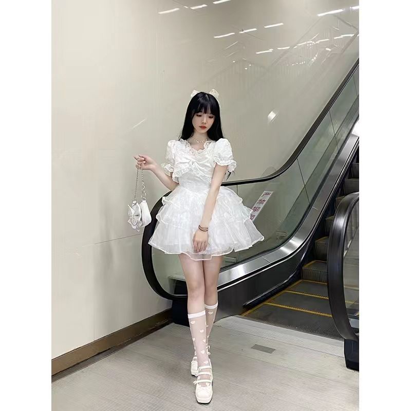 (Tủ Quần Áo Ngọt Ngào) Đầm Pháp Màu Trắng Ngọt Ngào Thiết Kế Phồng Ngọt Ngào Nhẹ Nhàng Mặc Vào Mùa Hè Hàng Có Sẵn)
