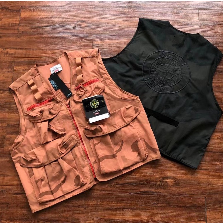 Áo Vest Stone Island x Supreme 2 màu camo đen và cam đất dễ dàng phối đồ phong cách hip hop retro