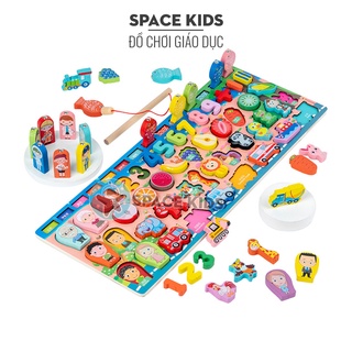 Đồ chơi bảng gỗ câu cá và ghép hình 6 in 1, đồ chơi trí tuệ montessori cho bé