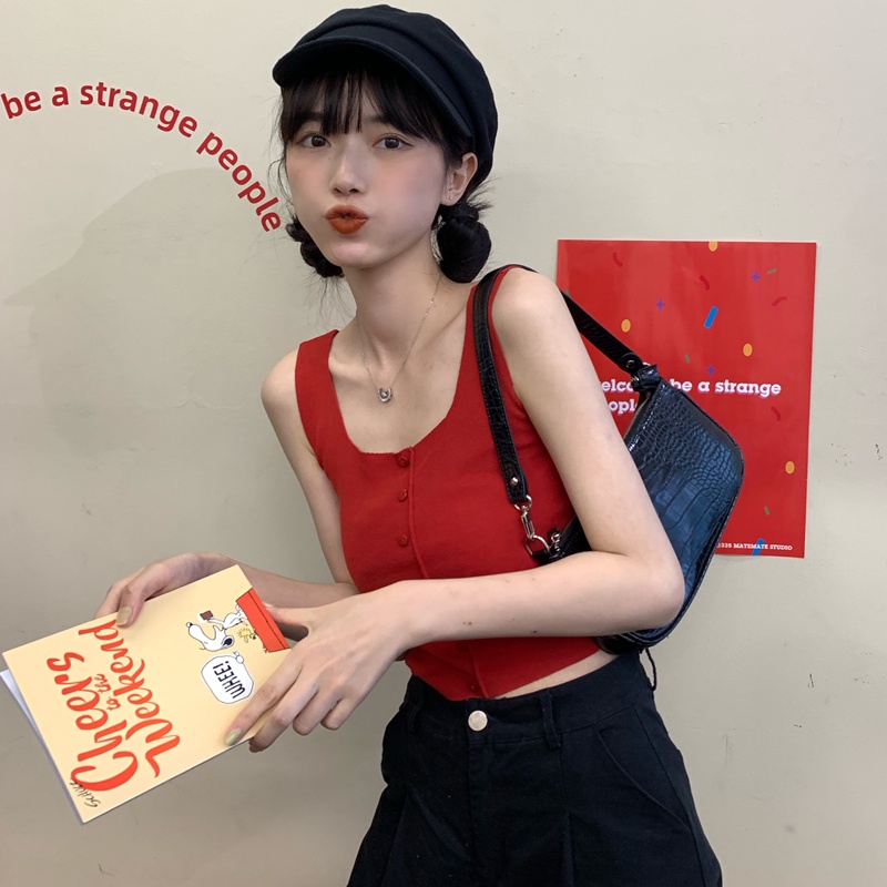 Áo lửng ZHELIHANGFEI dệt kim không tay hở rốn phối nút thời trang xuân hè dành cho nữ