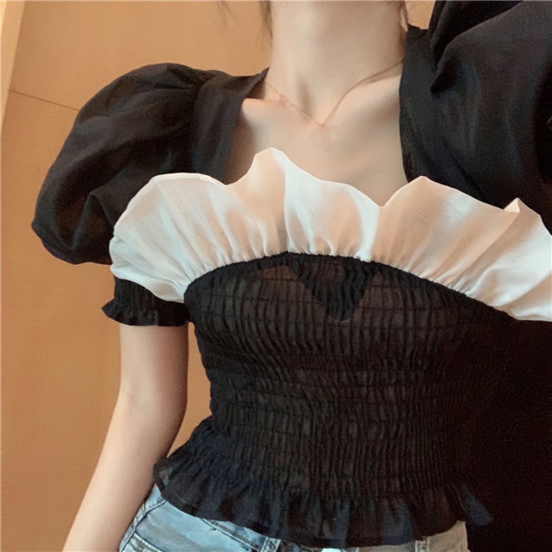 COZOK Áo sơ mi tay ngắn phồng màu đen thời trang mùa hè cho nữ