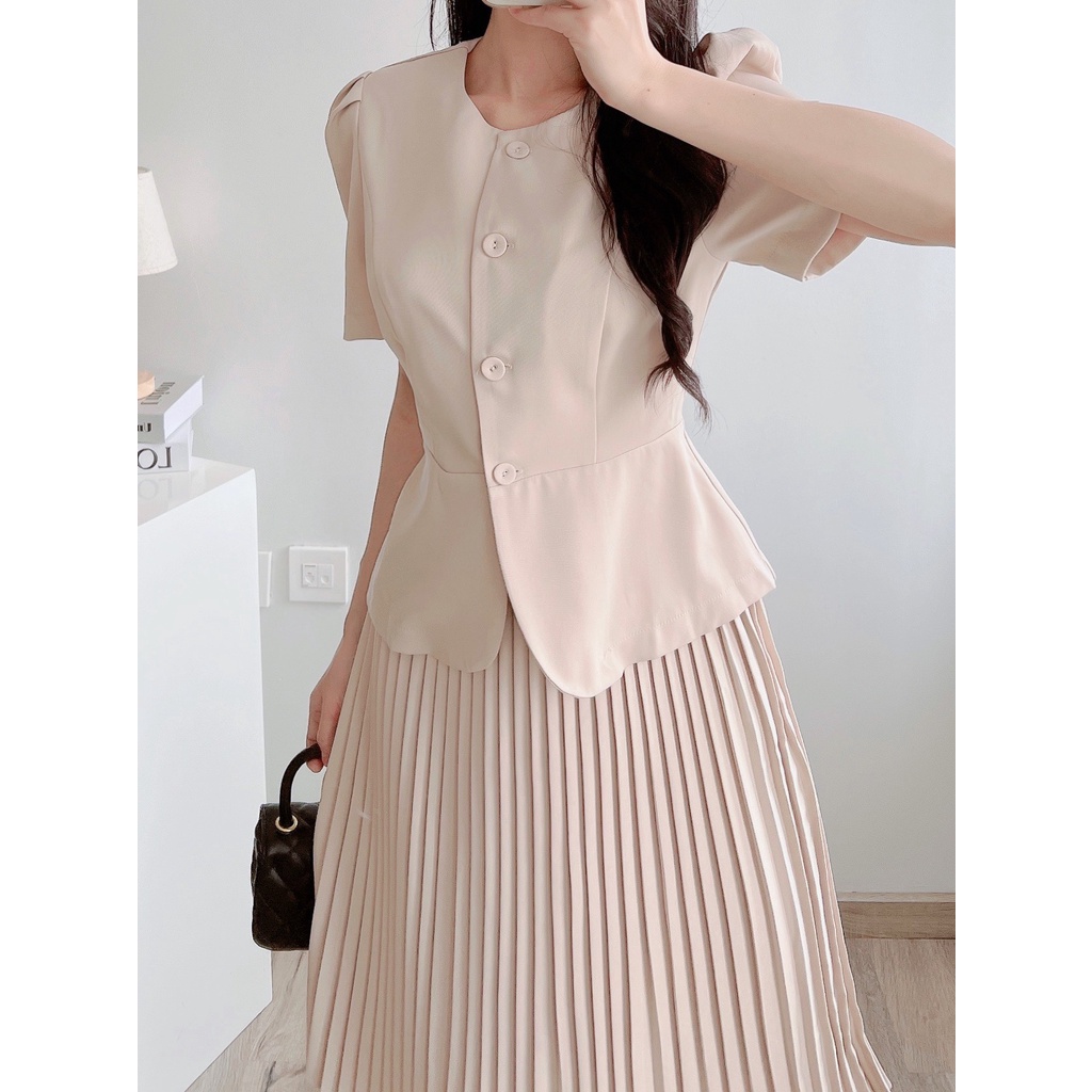 Áo ký giả công sở mix váy xếp ly, áo cài hoa nơ thiết kế tôn dáng váy xếp ly sang xịn Evaclothes tặng kèm tag hoa cài