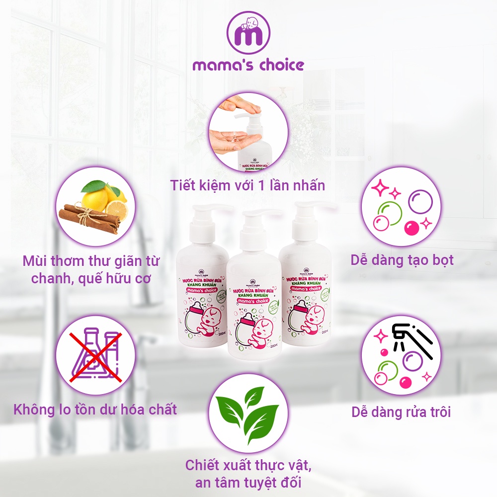 Nước Rửa Bình Sữa Mama's Choice (200ml), Chiết Xuất Hữu Cơ An Toàn Tuyệt Đối Cho Trẻ Sơ Sinh, Mềm Mại Với Da Tay