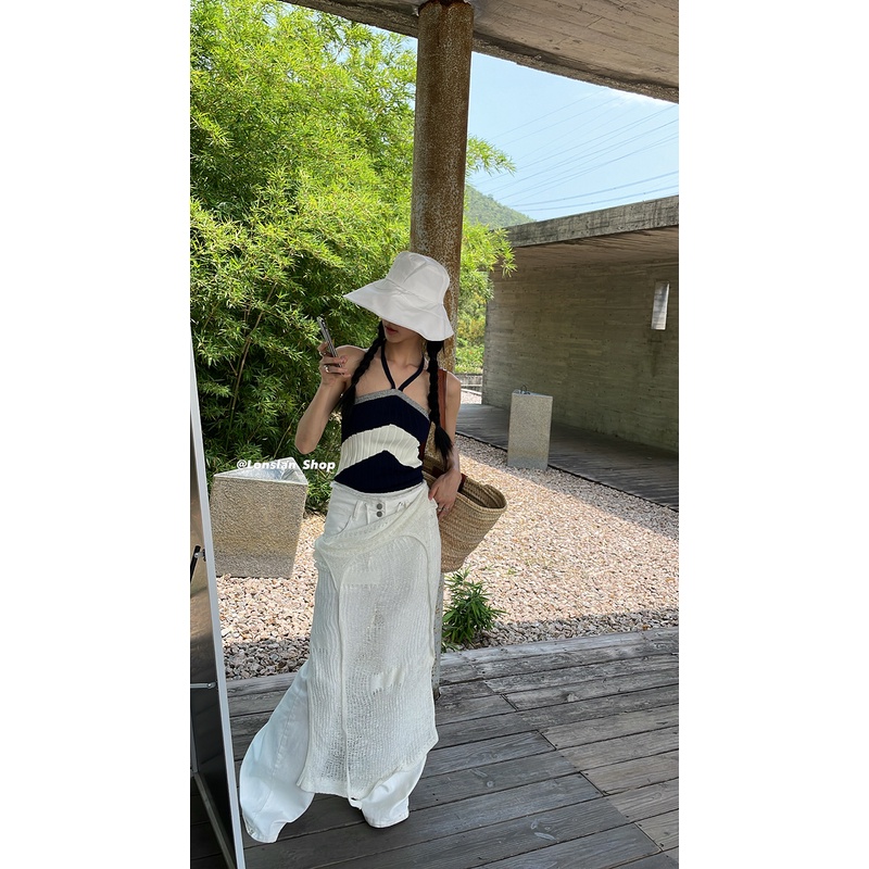 Áo lửng hai dây họa tiết kẻ sọc thời trang Hàn Quốc cá tính dành cho nữ