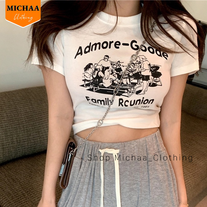 Áo Croptop Ôm Body Nữ ADMORE-GOODE Cổ Tròn Tay Ngắn, Áo Thun Croptop Kiểu In Họa Tiết - MICHAA CR90